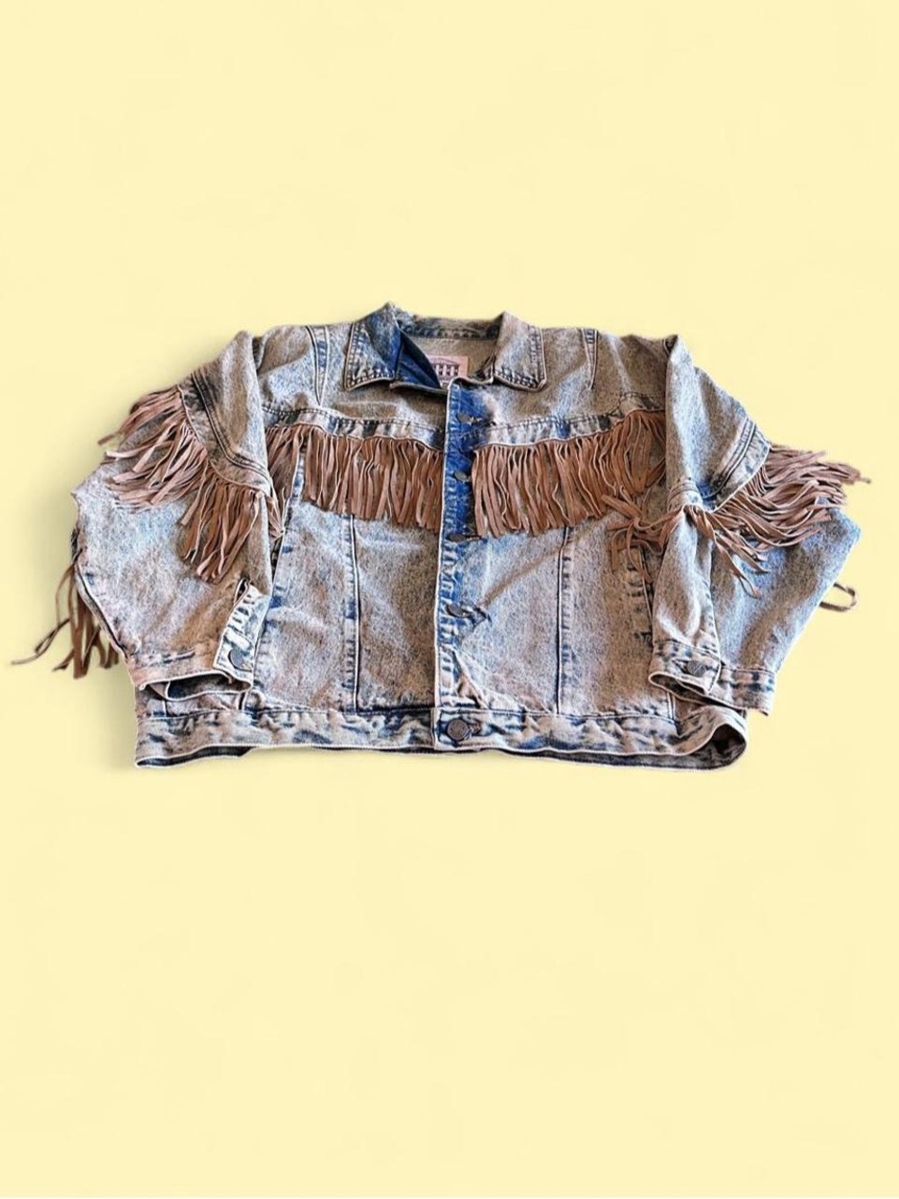 Vintage Western Acid Wash Denim Fringe Jacket Women’s Size S Oversized